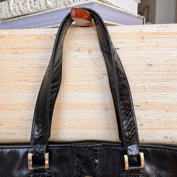 CARLO FIORI Black Leather Snake Skin Tote Purse Computer Career Work Attaché - Picture 3 of 11